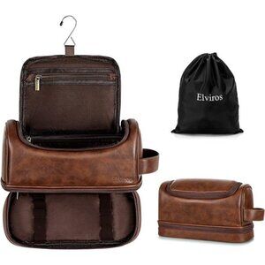 Toiletry Bag for Mens PU Leather Travel Organizer Kit with Hanging
